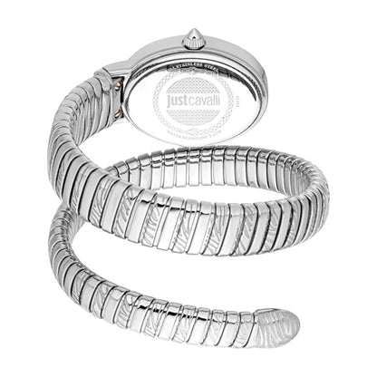 Silver snake-shaped watch with Just Cavalli branding on a white background