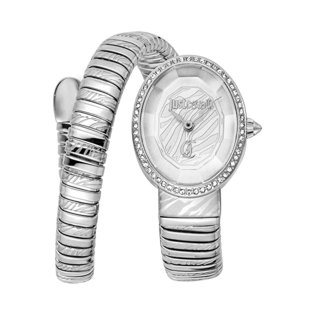 Silver watch with decorative band on a white background