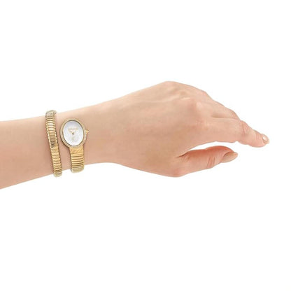 Gold watch on a wrist with a plain background