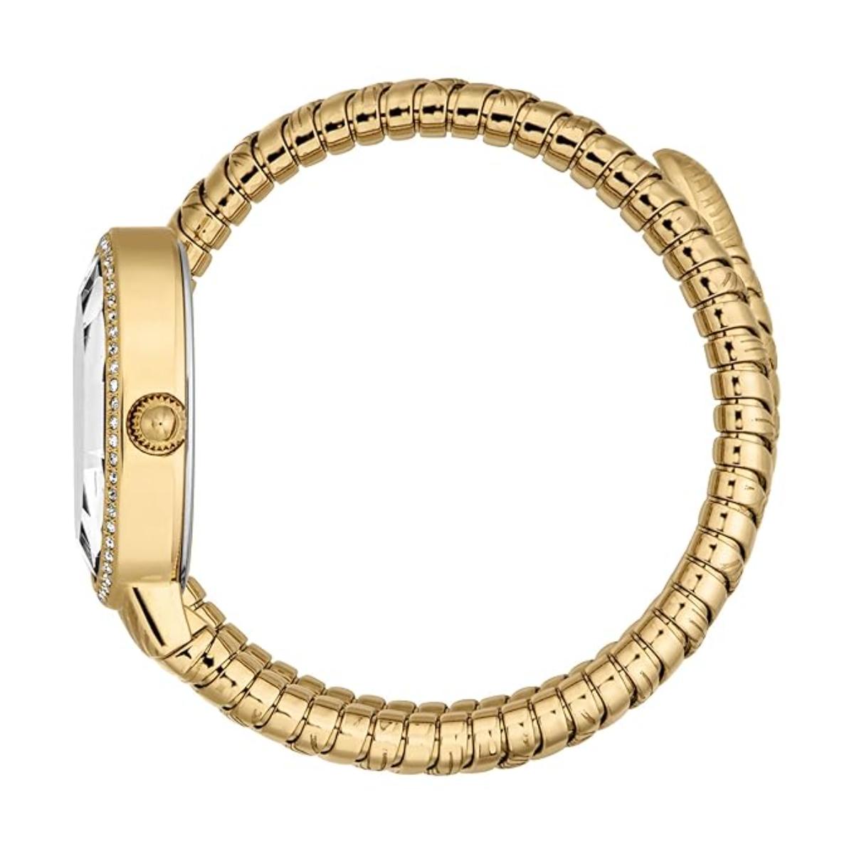 Gold bracelet with a clear gemstone on a white background