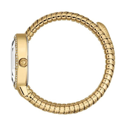 Gold bracelet with a clear gemstone on a white background