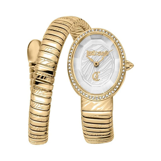 Gold watch with a textured band on a white background
