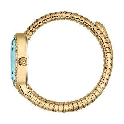 Gold ring with a blue gemstone on a white background