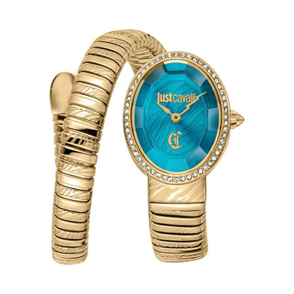 Gold watch with a blue face and Just Cavalli logo on a white background