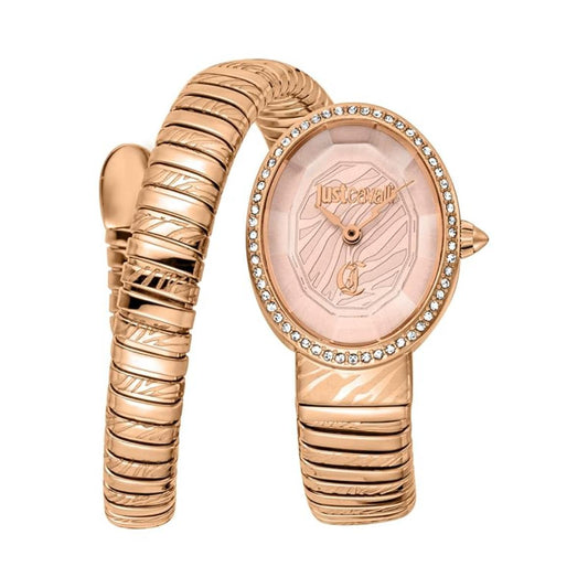 Rose gold watch with decorative band on a white background