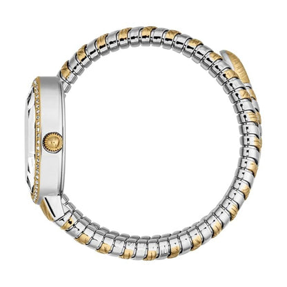 Two-tone silver and gold bracelet on a white background