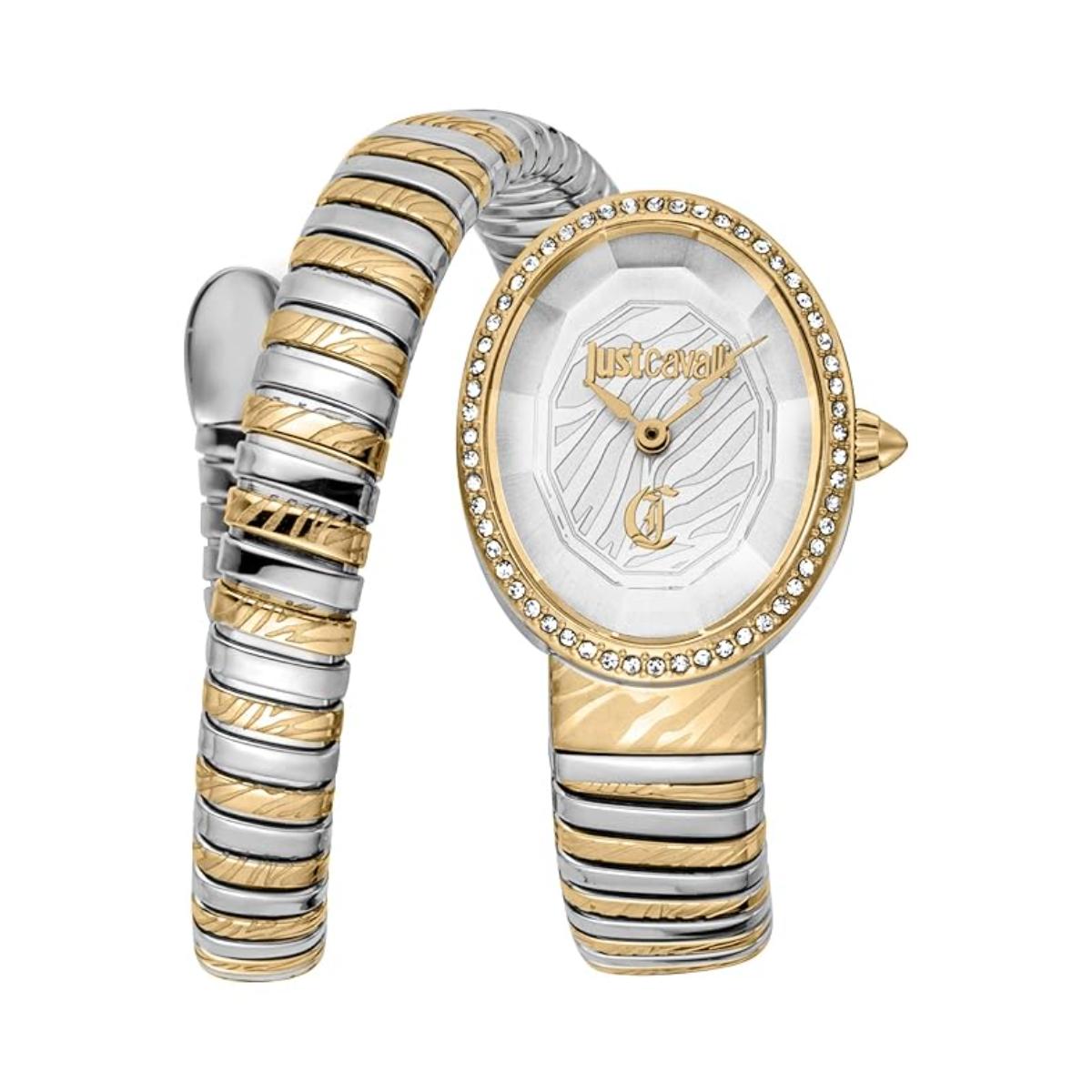 Two-tone watch with gold and silver band on a white background