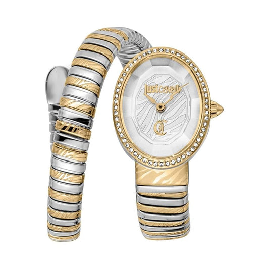 Two-tone watch with gold and silver band on a white background