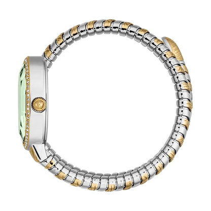Silver and gold bracelet with a green gemstone on a white background