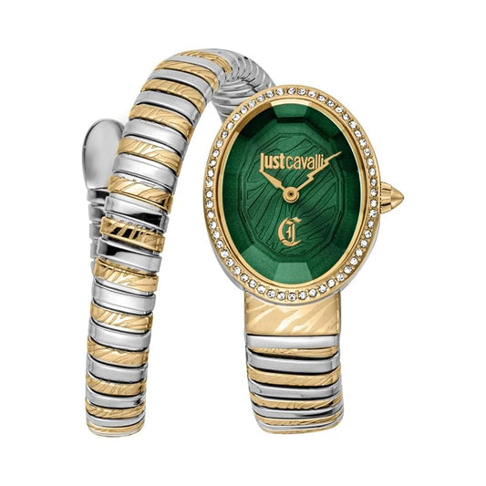 Two-tone watch with green face and Just Cavalli logo on a white background