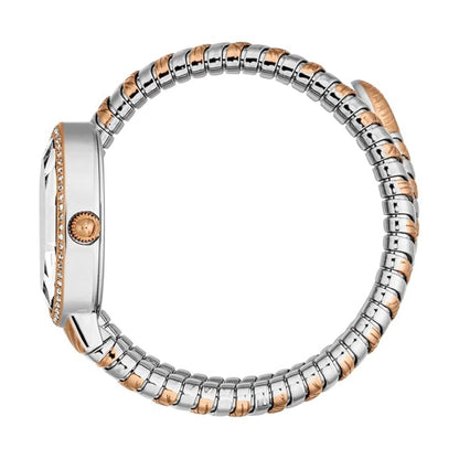 Silver and rose gold beaded bracelet on a white background