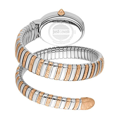 Two-tone watch with silver and rose gold design on a white background