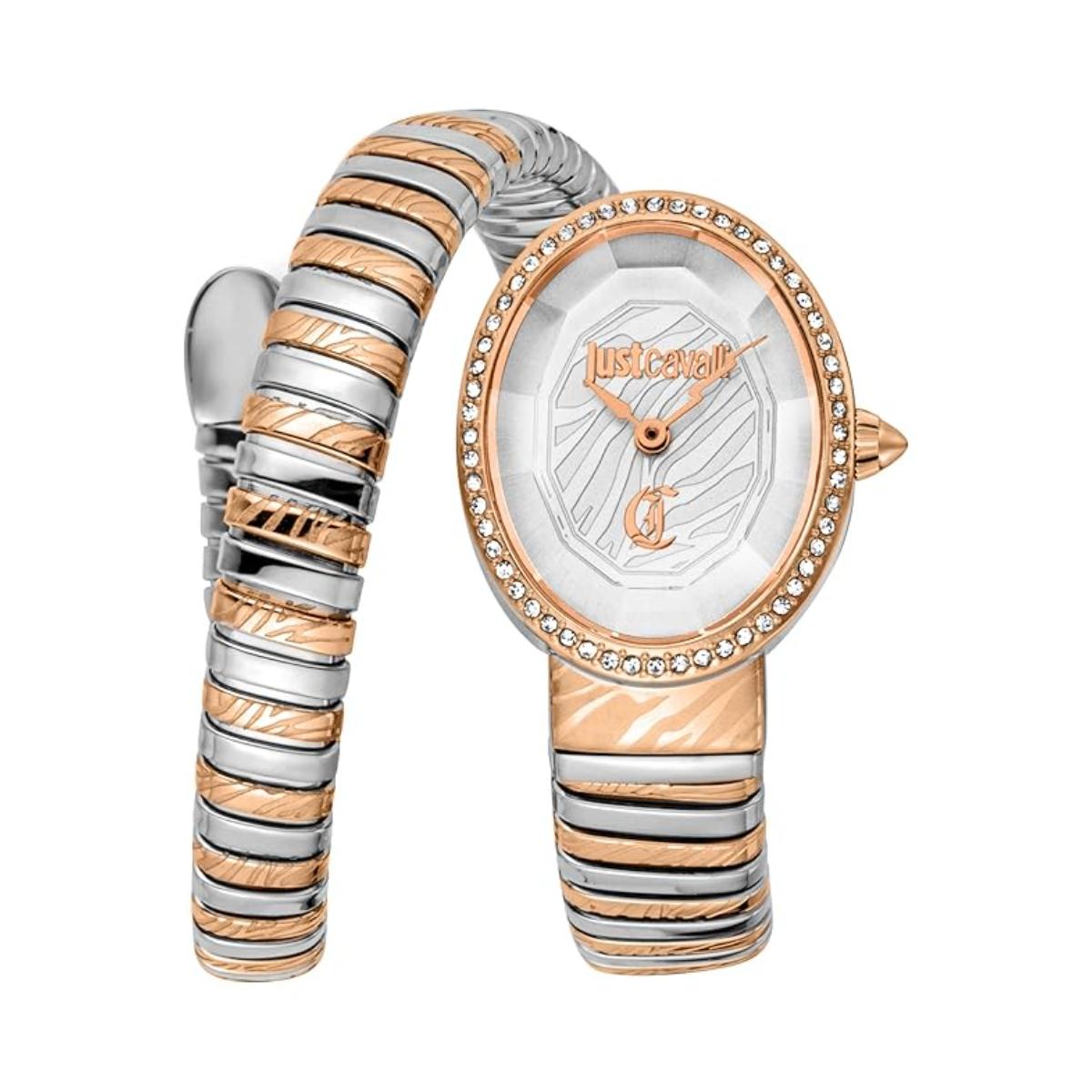 Two-tone watch with a decorative band on a white background