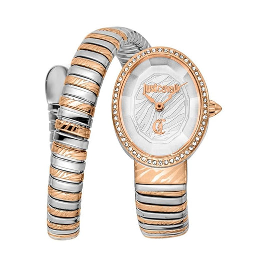 Two-tone watch with a decorative band on a white background