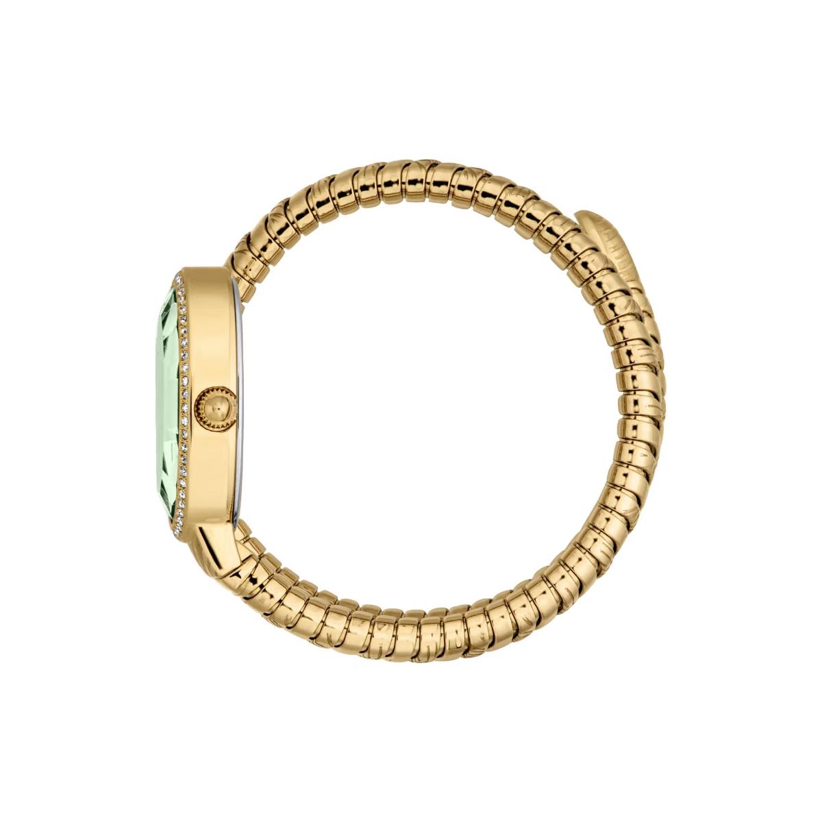Gold ring with a green gemstone on a white background