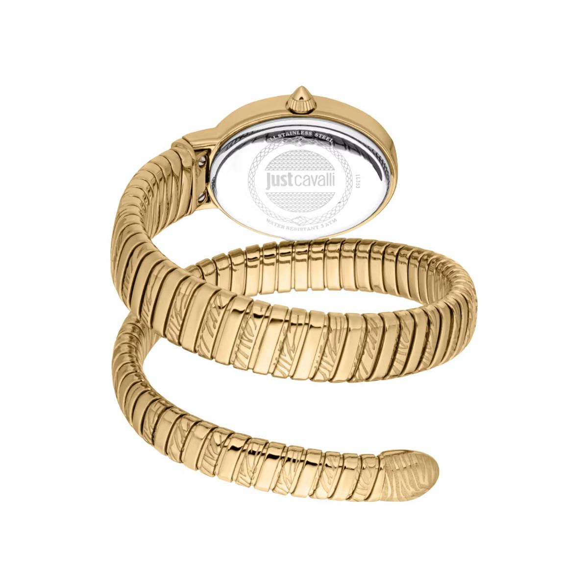 Gold snake-shaped watch with Just Cavalli branding on a white background