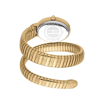 Gold snake-shaped watch with Just Cavalli branding on a white background