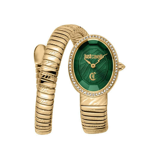 Gold watch with green face and 'Just Cavalli' branding on a white background