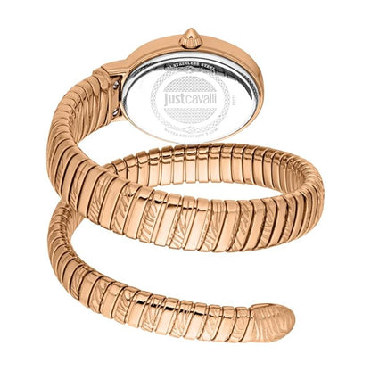 Rose gold snake-shaped watch with Just Cavalli branding on a white background