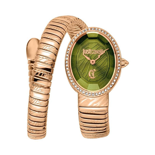 Rose gold watch with green face and Just Cavalli logo on a white background