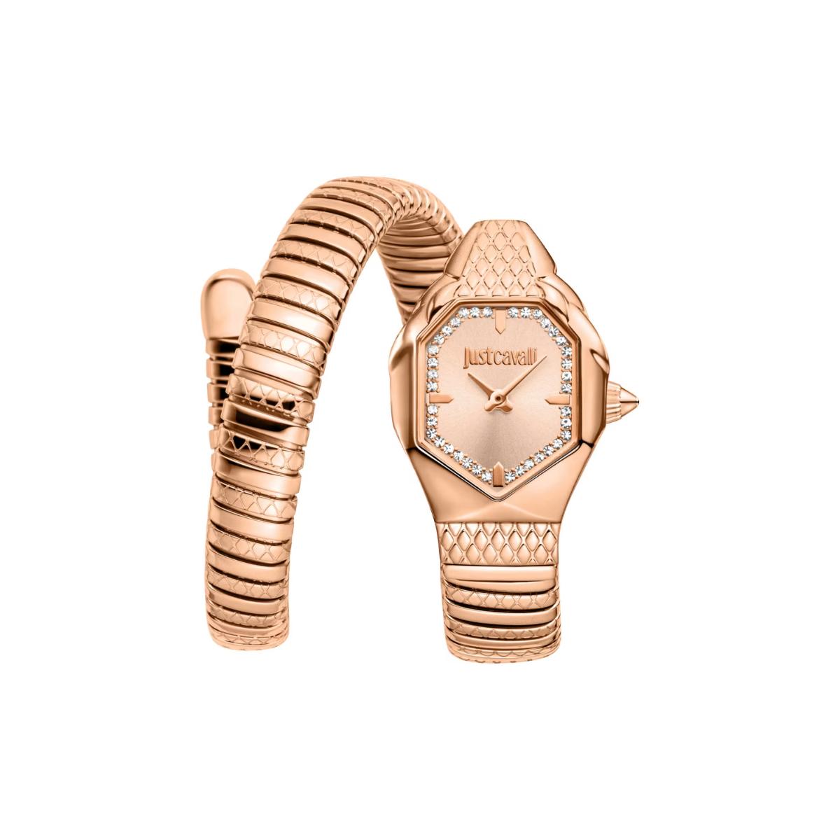 Rose gold watch with a unique design on a white background