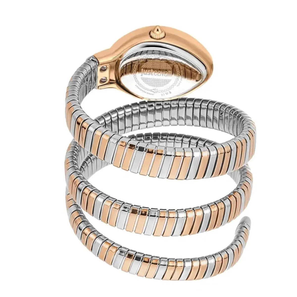 Two-tone watch with rose gold and silver band on a white background