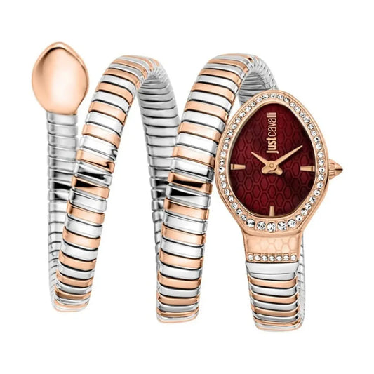 Two bracelets and a watch with a red face and gold accents on a white background