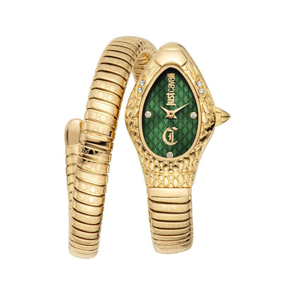 Gold watch with green face and snake-like band on a white background