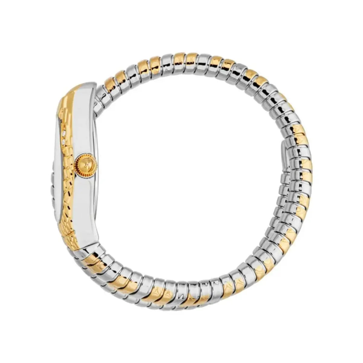 Two-tone silver and gold watch on a white background
