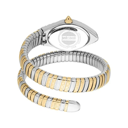 Two-tone watch with silver and gold band on a white background
