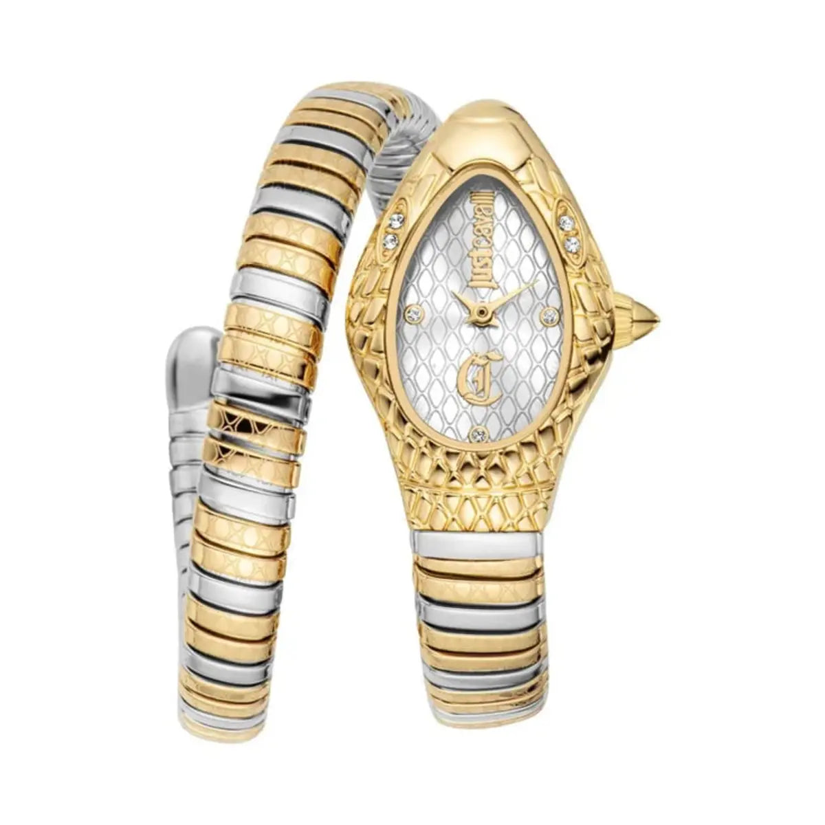 Gold and silver watch with intricate design on a white background