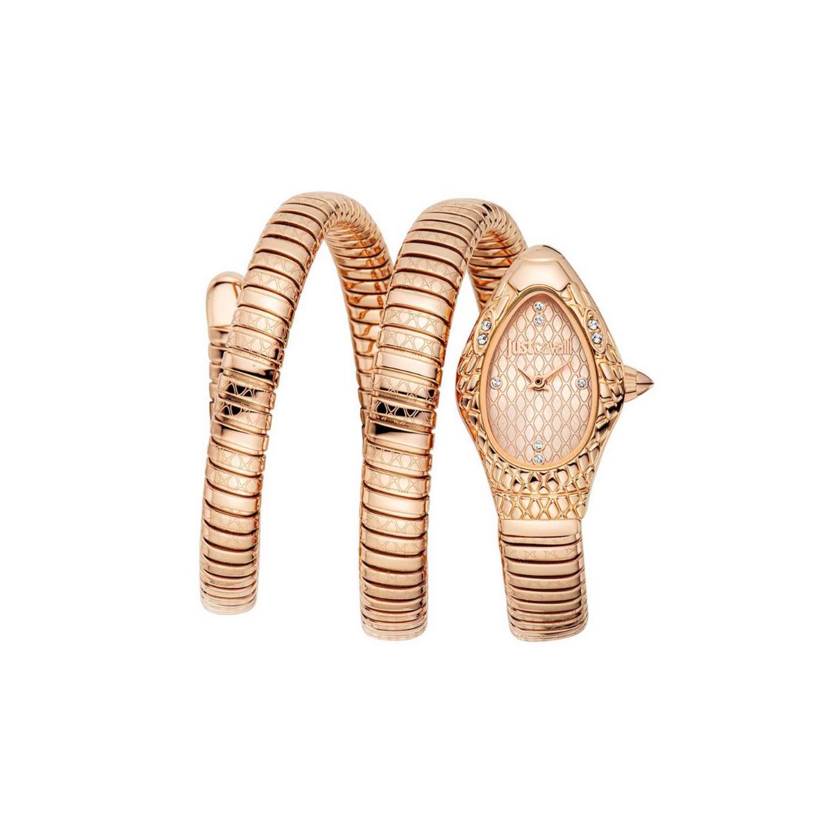 Rose gold watch and bracelet set on a white background