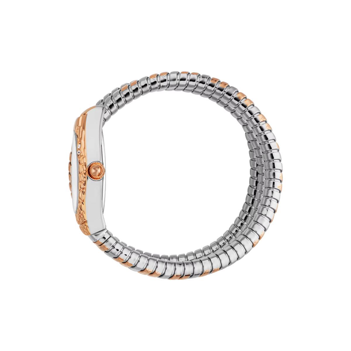 Two-tone bracelet with silver and rose gold accents on a white background