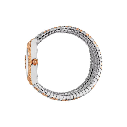Two-tone bracelet with silver and rose gold accents on a white background