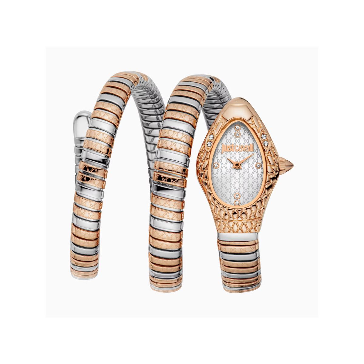 Two-tone watch with snake-like design on a white background