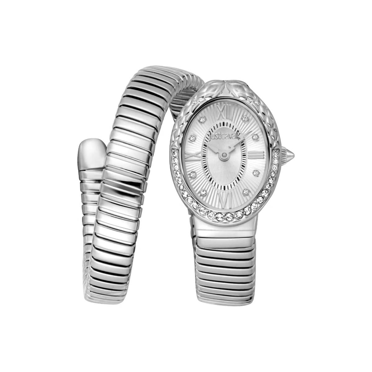 Silver watch and bracelet set on a white background