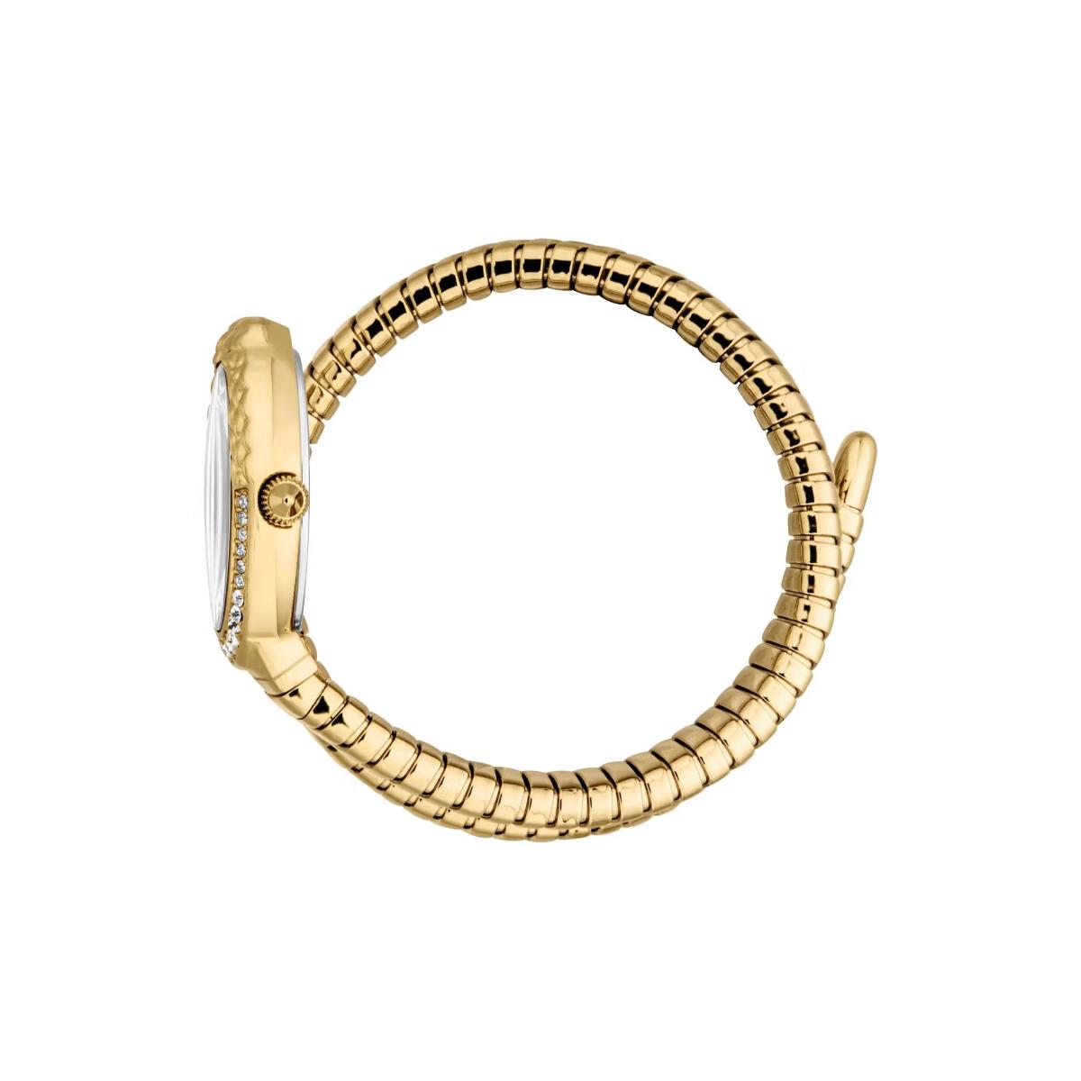 Gold ring with a textured band on a white background