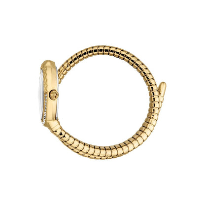 Gold ring with a textured band on a white background