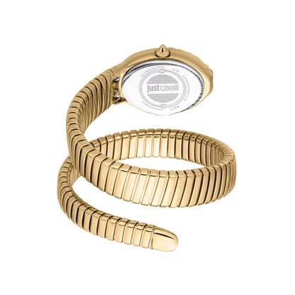 Gold spiral watch with 'just cavalli' branding on a white background