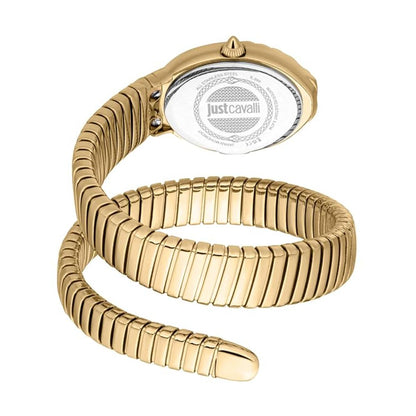 Gold wristwatch with a snake-like design on a white background, featuring the Just Cavalli brand.