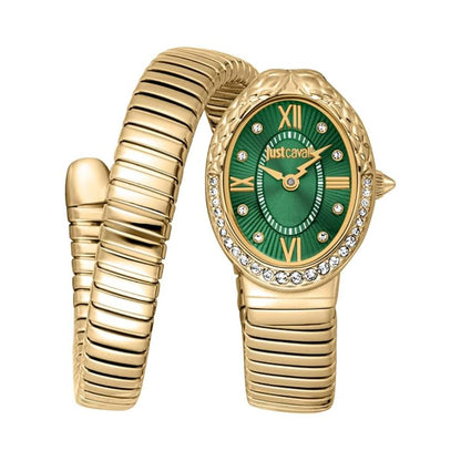Gold watch with green face and diamond accents on a white background