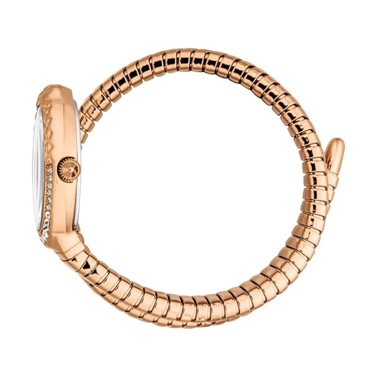 Rose gold ring with a clear gemstone on a white background
