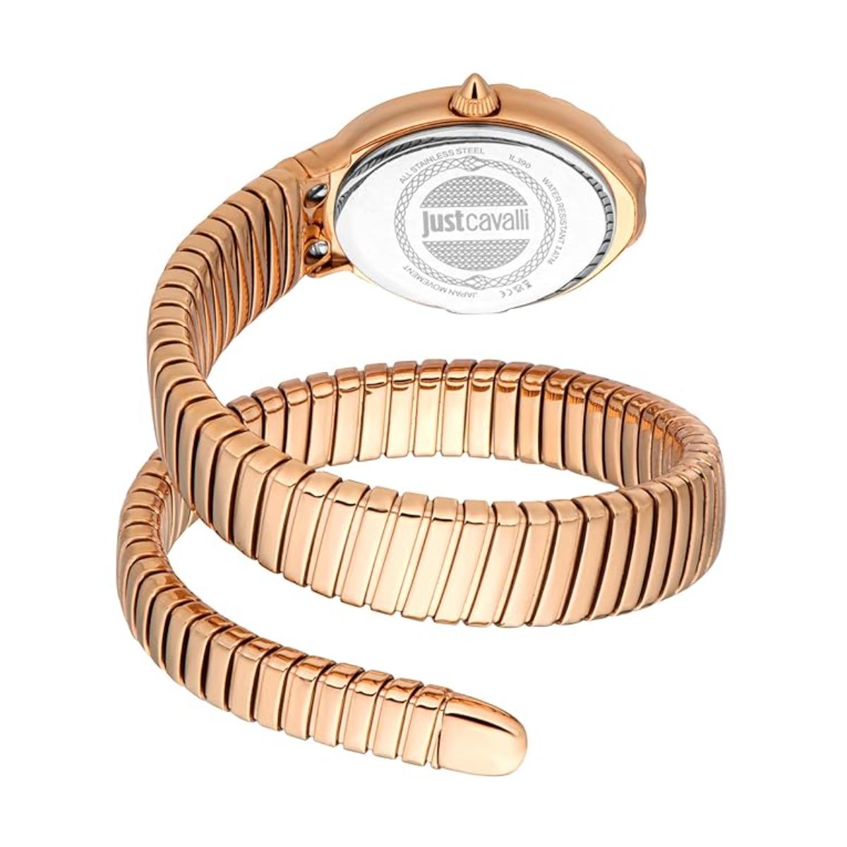 Rose gold watch with snake-like design on a white background