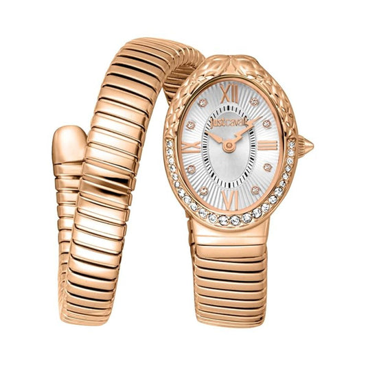 Rose gold watch with a textured band on a white background