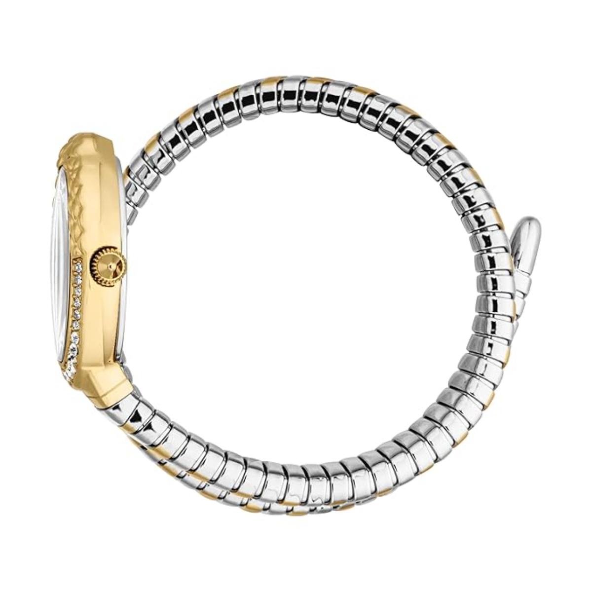Two-tone watch with gold and silver band on a white background
