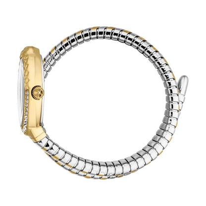 Two-tone watch with gold and silver band on a white background
