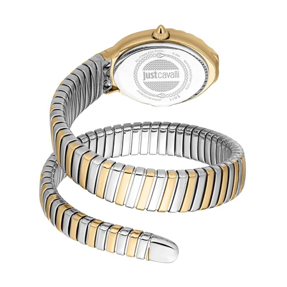 Two-tone spiral watch with 'just cavalli' branding on a white background