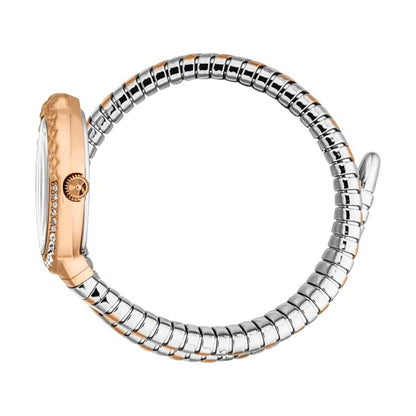 Two-tone ring with silver and rose gold band on a white background