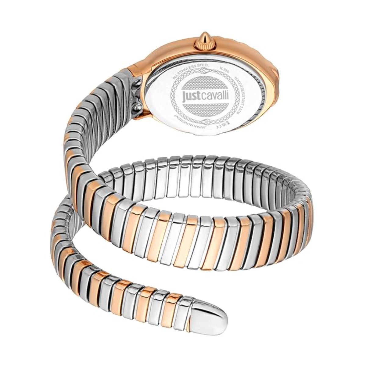 Two-tone watch with spiral design on a white background, featuring Just Cavalli branding.