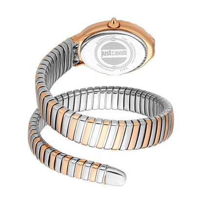 Two-tone watch with spiral design on a white background, featuring Just Cavalli branding.